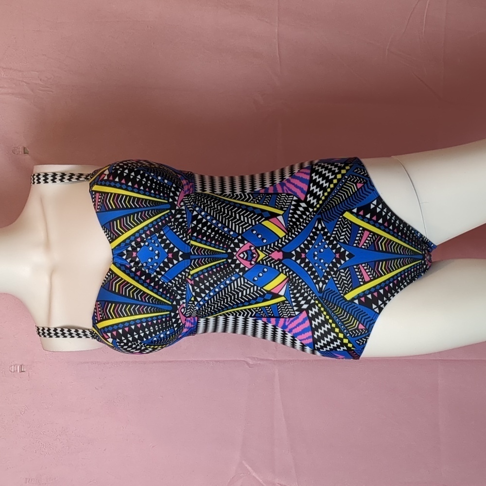 Multicolor Abstract One Piece Mixed Print Swimsuit with Detachable Straps Large